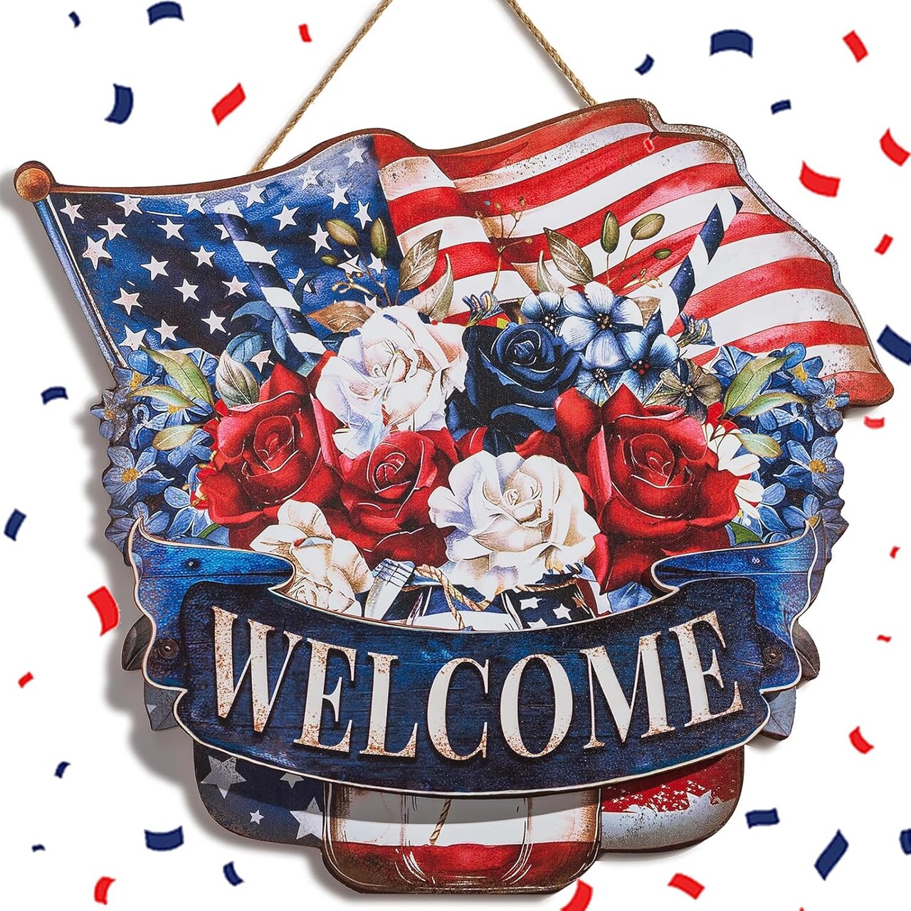 4th of July Decorations for Door: Metal Patriotic Wreath Outdoor 14" Red White and Blue Decor Fourth July Memorial Day Sign Large Mason Jar Wall Hanging Independence Vintage for Outside Indoor